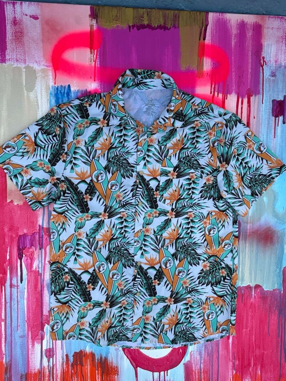Buc-ee's Men's Tropical Surfboard Hawaiian Button Down Shirt Size M